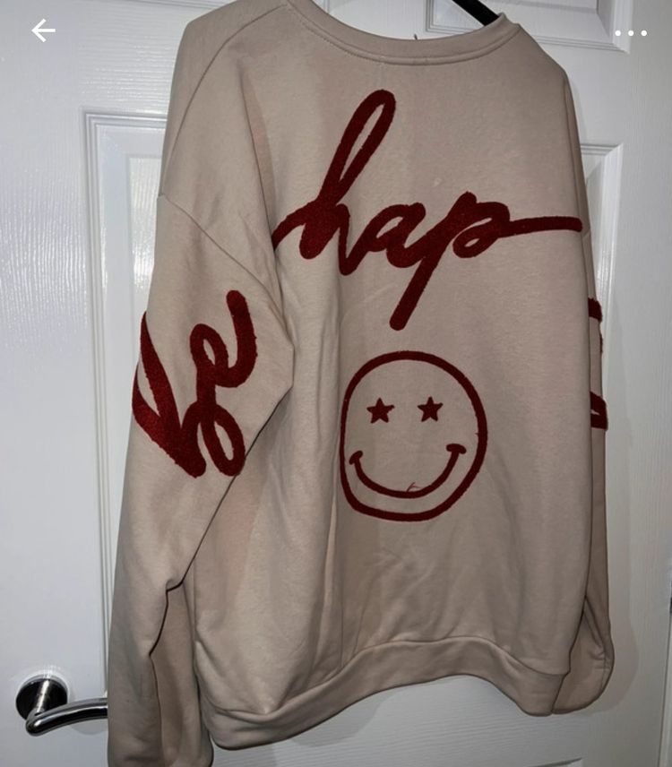 Beige Sweatshirt With Red Text And Smiley Face AZARA image 2